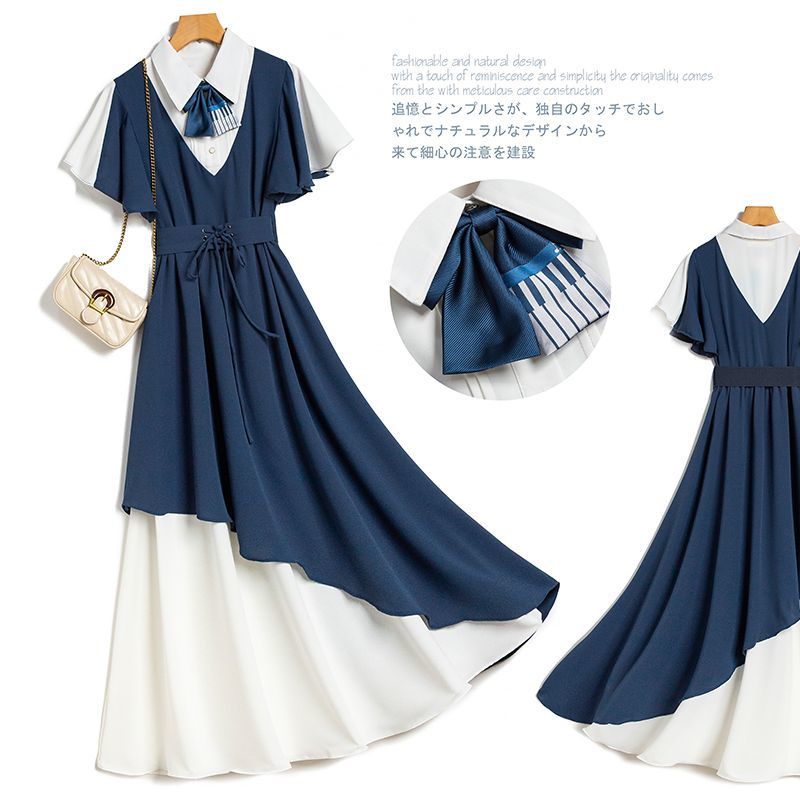 Robe Lolita décontractée pour filles, tenue mignonne pour femmes, Design de Niche française, robes d'épissure de doublure d'étudiant Y2K, robe japonaise coréenne à coutures bleues