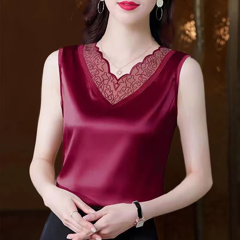 Débardeurs et hauts d'été pour femmes en dentelle et soie glacée, mode décontractée sans manches, style urbain, Hotsweet