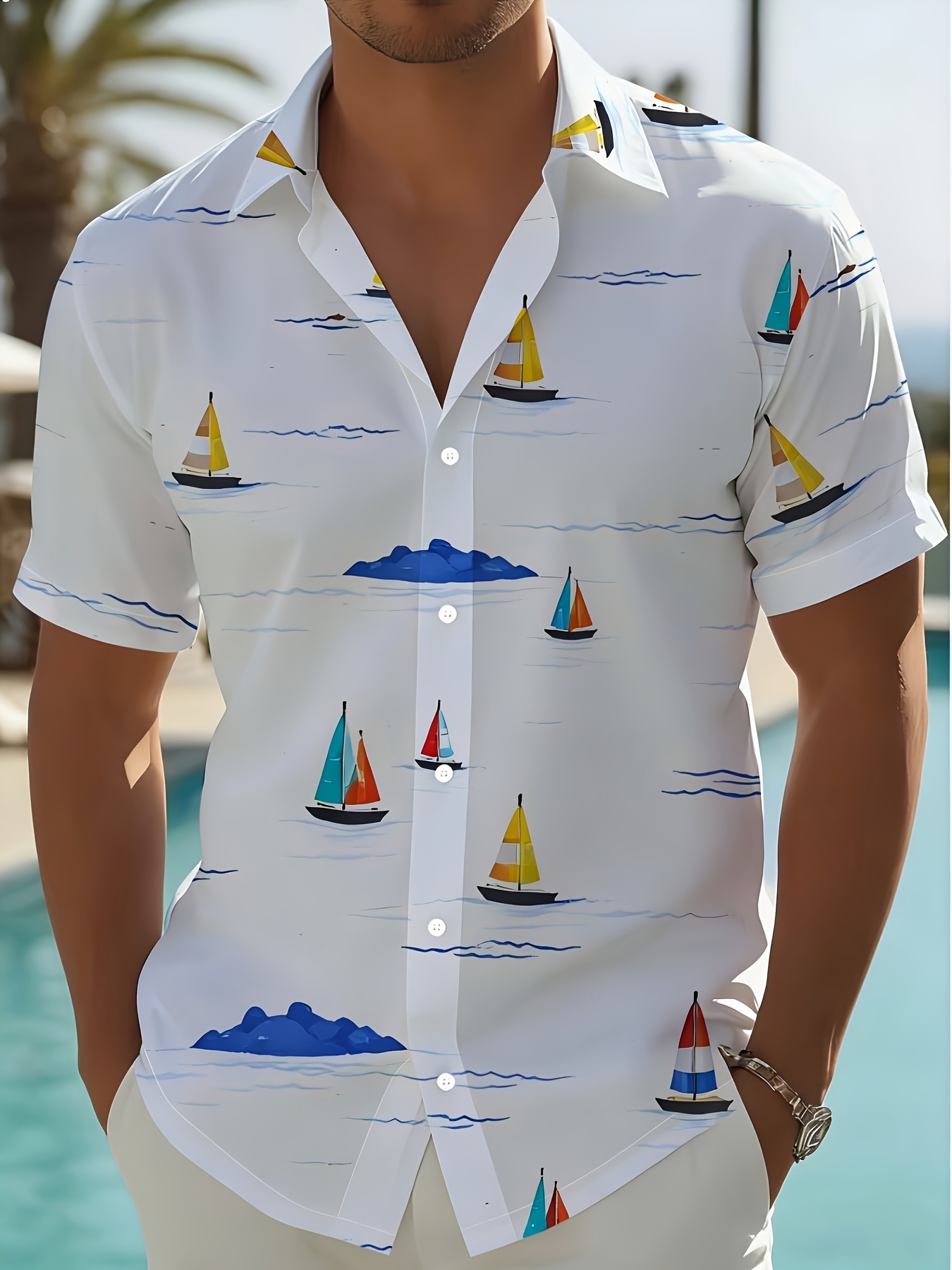 Chemise à manches courtes pour homme, imprimé voilier coloré, vagues océaniques, île, style hawaïen, vacances à la plage