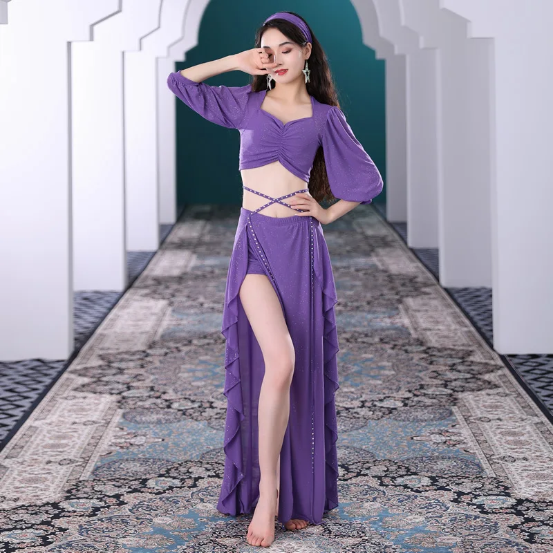 Haut en maille à manches courtes imbibé de danse du ventre pour femmes, jupe fendue, ensemble de vêtements d'entraînement, vêtements de performance élégants, été
