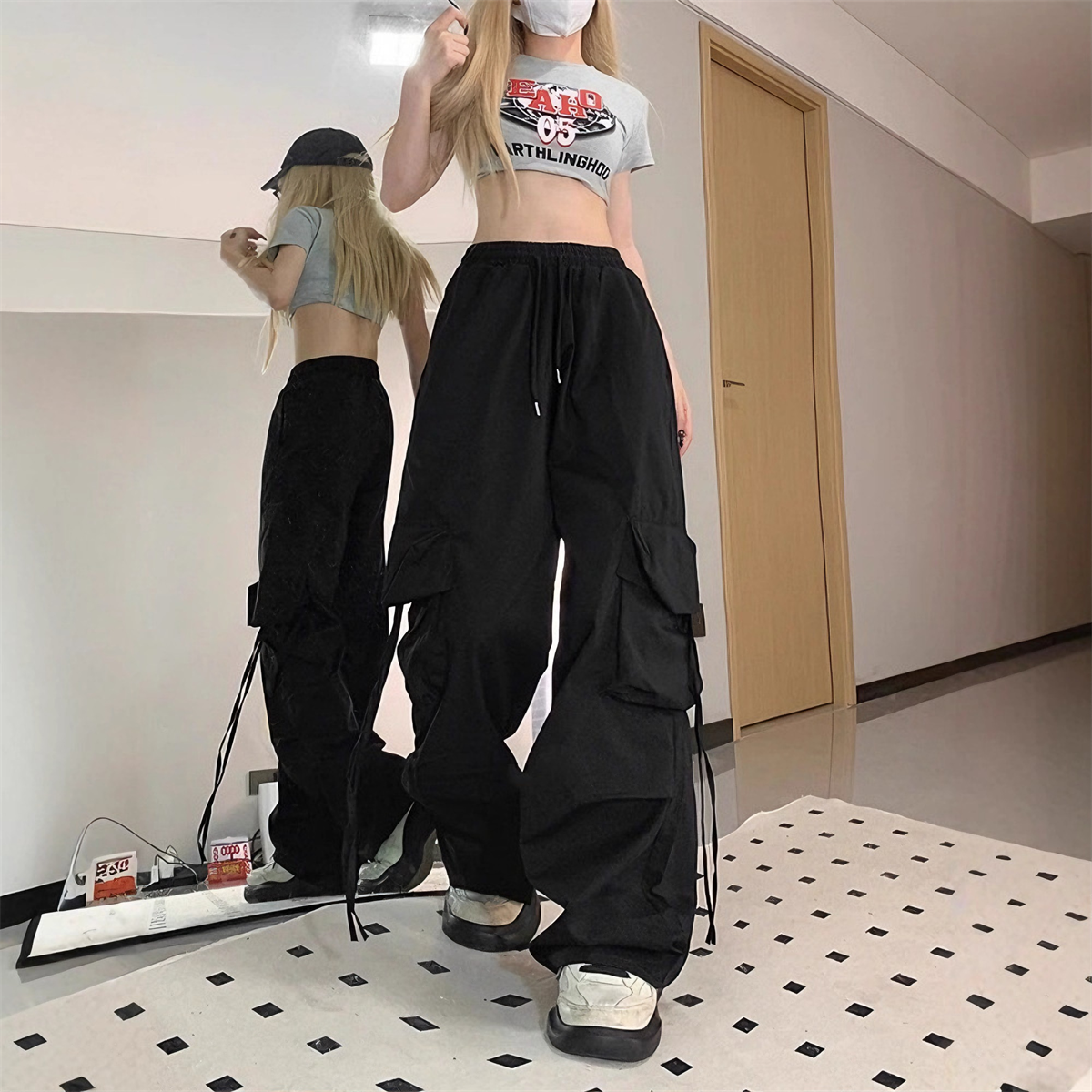 Pantalon cargo vintage pour femme, taille élastique, poches, coupe large, style Y2K, streetwear américain