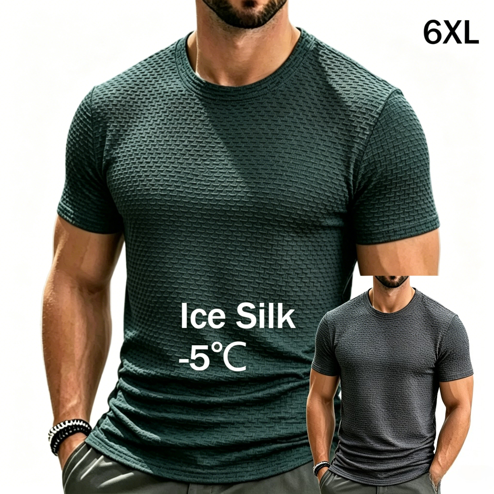 T-shirt Homme Haut de Gamme en Soie Glacée et Maille, Manches Courtes, Col Rond, Été, Demi-Manches, Couleur Unie, Sportif, Léger