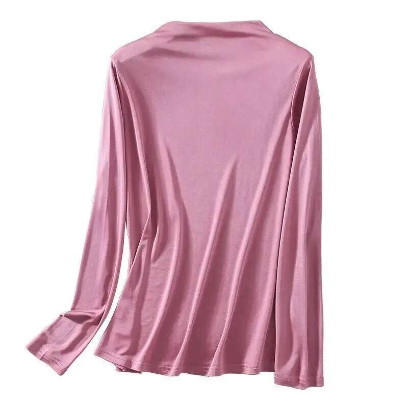 T-shirt col haut en soie Pure pour femme, haut en soie de mûrier, tricot Double face, manches longues, automne et hiver