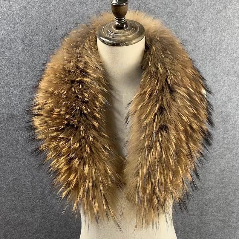 Col en Fourrure group pour Femme, Chauffe-cou d'Hiver, Capuche, Châle en Fourrure de Raton Laveur, Écharpe en Fourrure Moelleuse pour Manteau, Bande à Capuche