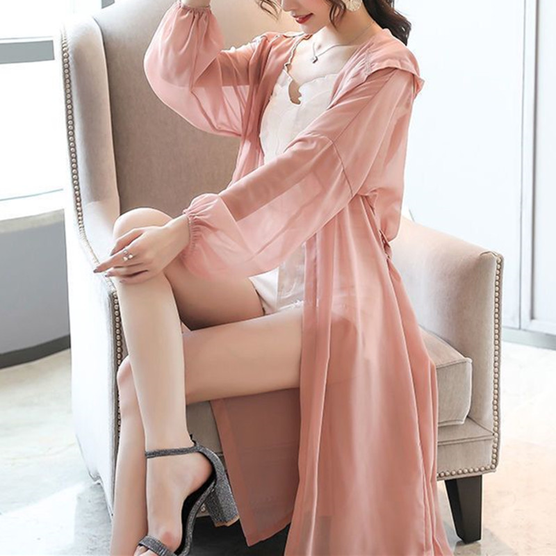 Vêtements de Protection solaire d'été pour femmes, Cardigan à capuche, chemises de Protection solaire en mousseline de soie, manteau Long pour dames, châle d'extérieur