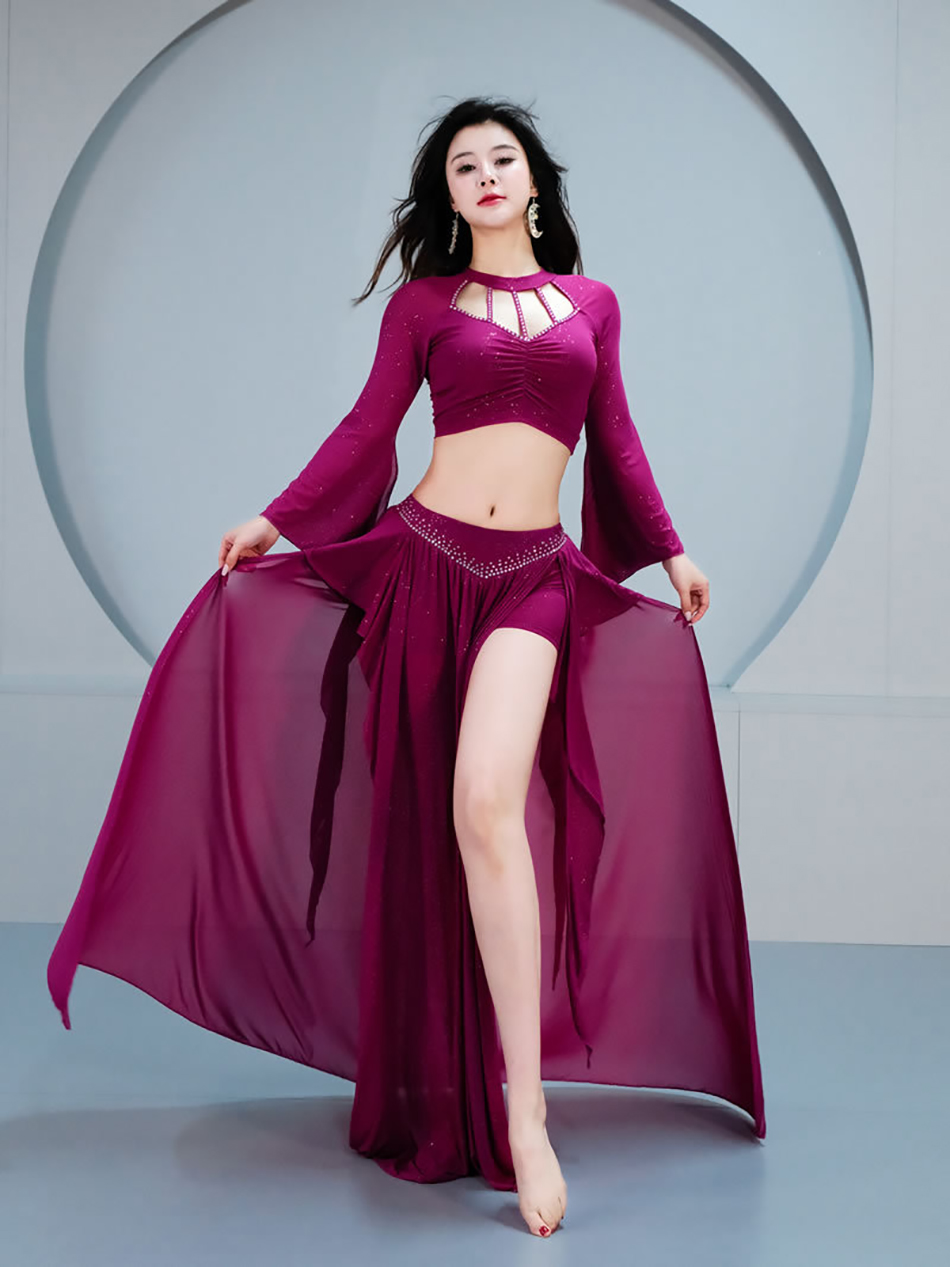 Ensemble de costumes de danse du ventre, haut + jupe en maille à manches longues, tenue pour femmes adultes, vêtements de spectacle sur scène, vêtements d'entraînement