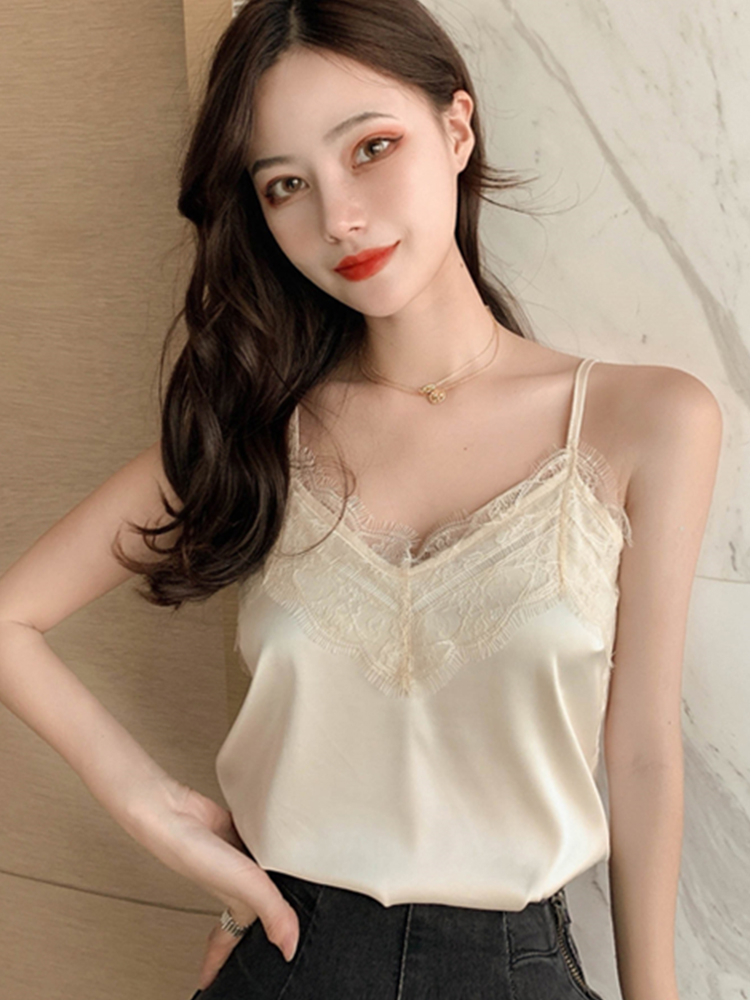 InjCami d'été en dentelle pour femmes, bretelles spaghetti, haut précieux pour dames, caraco blanc, basique, Y-Women