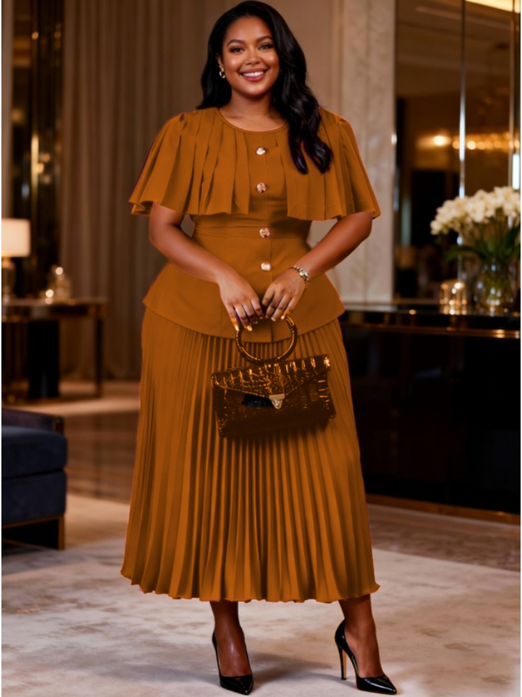 Ensemble deux pièces élégant pour femmes, style cape à col rond et boutons, hauts et jupe plissée taille haute, pour les occasions de fête, les événements professionnels et les occasions spéciales
