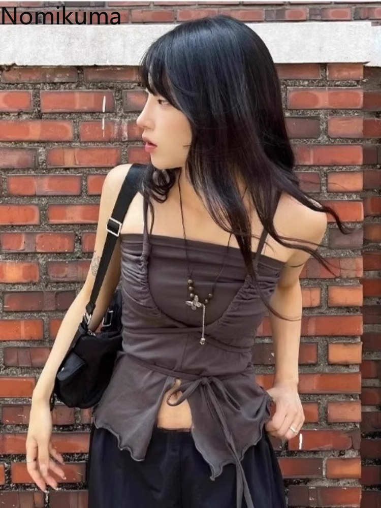 Vêtements pour femmes, débardeurs Sexy Y2k, hauts à bandes, plis, tunique sans manches, t-shirts fendus, Camis coréen, 2025 Ropa Mujer, gilet court Harajuku
