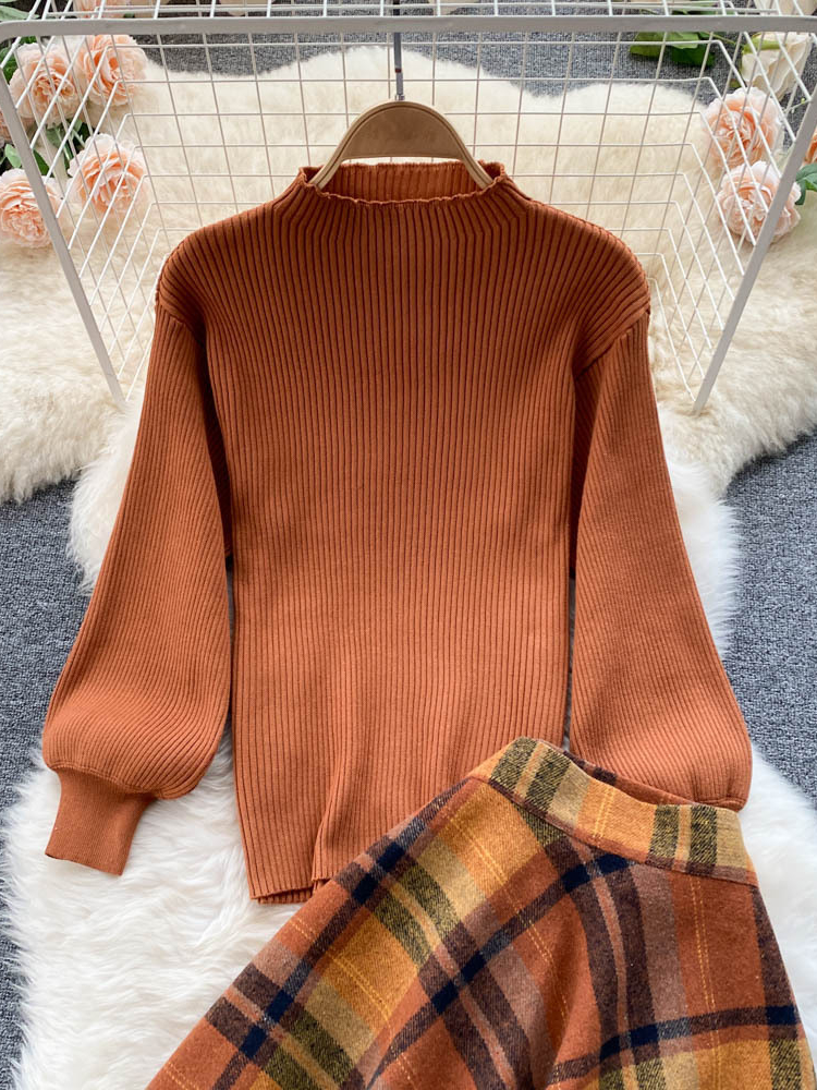 Ensemble Deux Pièces Vintage pour Femme, Pull à Manches sulf, Haut en Tricot + Jupe Longue à Carreaux Taille Haute, Costumes Élégants Orange, Automne et Hiver