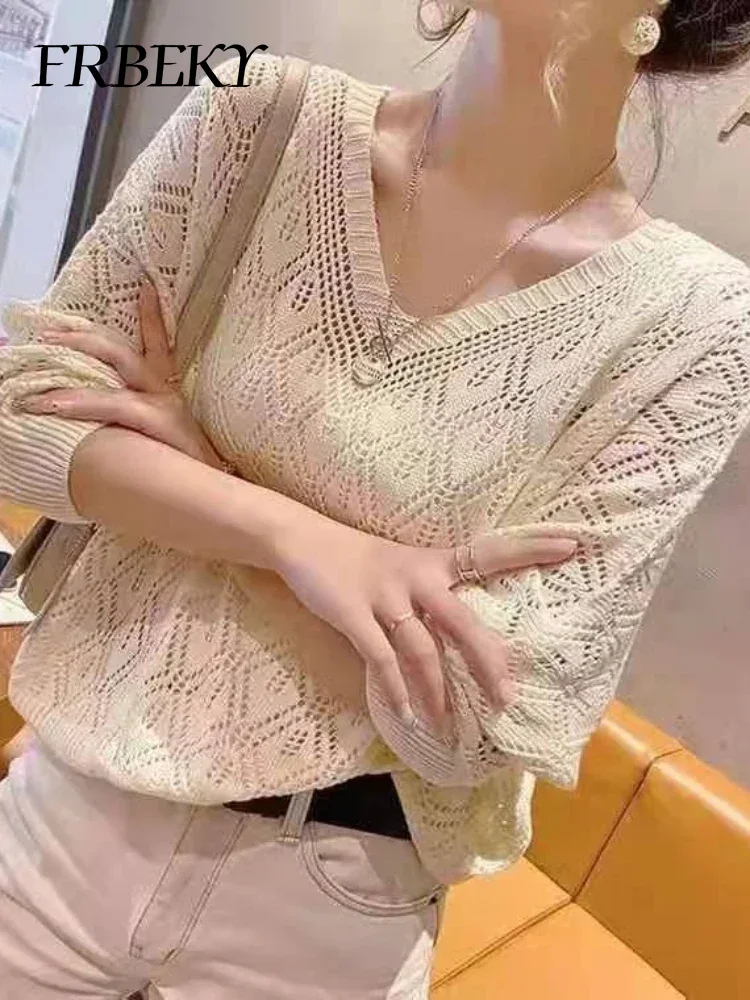 Pull femme mode col en v Crochet creux tricot pull automne mince ample chauve-souris chemise court paragraphe dames hauts pull coréen