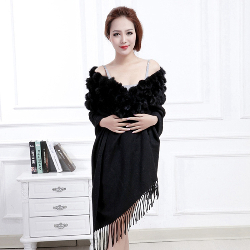 Écharpe d'hiver 100% laine pour femme, châle en vraie fourrure noir, nouveau châle en cachemire pashmina avec pompon en fourrure de lapin, écharpe cape chaude d'automne