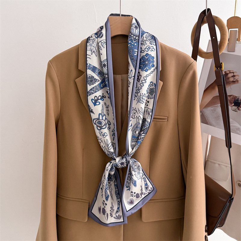 Écharpe luxueuse à double couche avec pompons, décoration à nouer, cravate assortie, petit bandeau, foulard en soie, imprimé pour femme