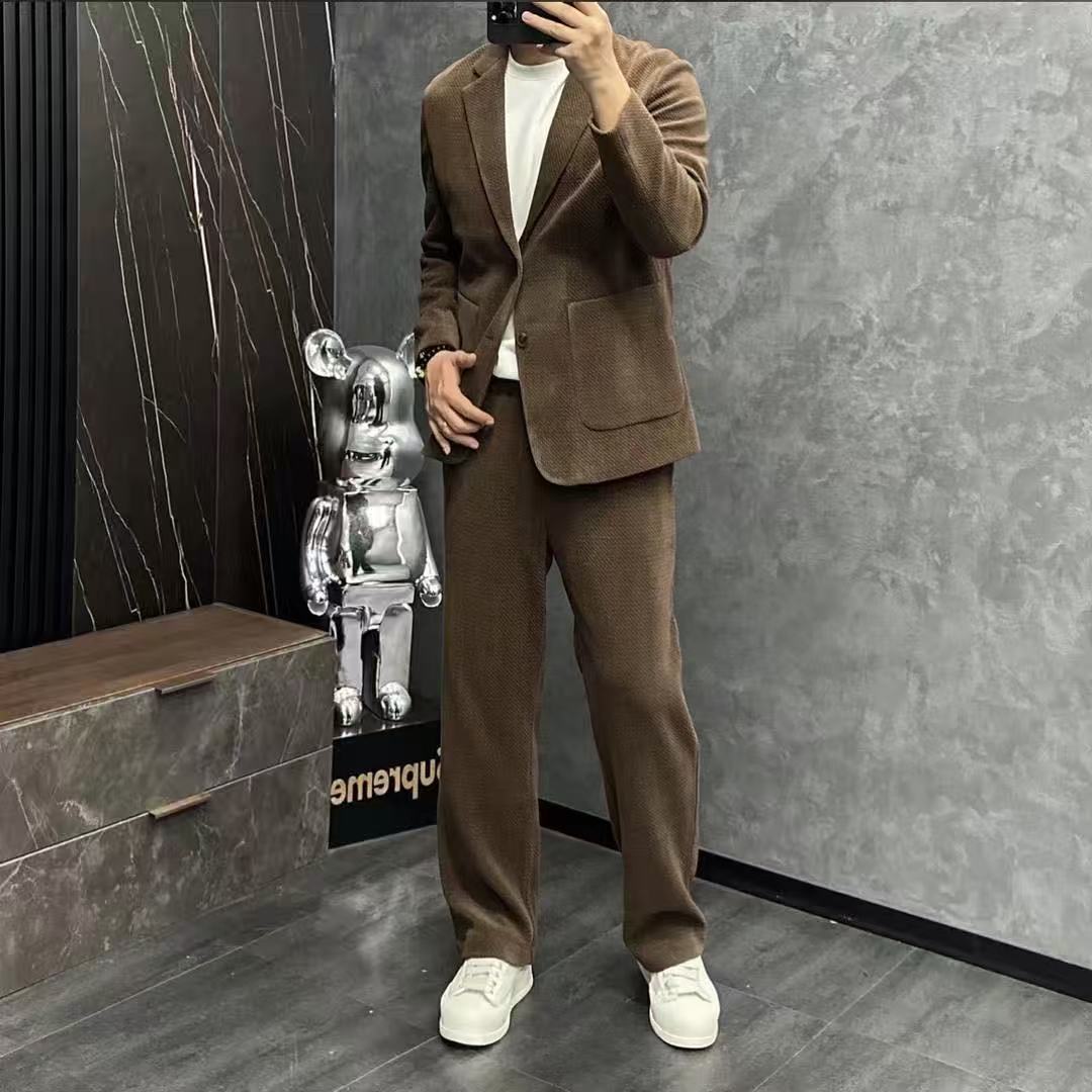 Costume en velours côtelé vintage pour homme, vêtements de travail décontractés, veste de sport, coupe classique, blazer, pantalon, ensemble deux pièces
