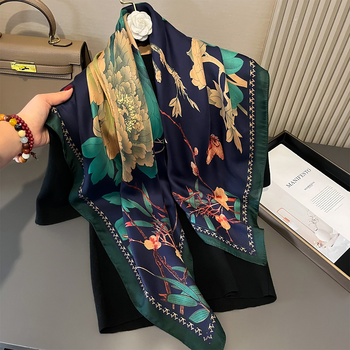 Foulards de tête imprimés pour femmes, Foulard quatre saisons carré en Satin pour dames, châles 90x90, Foulard en soie, Hijab musulman, dernière conception