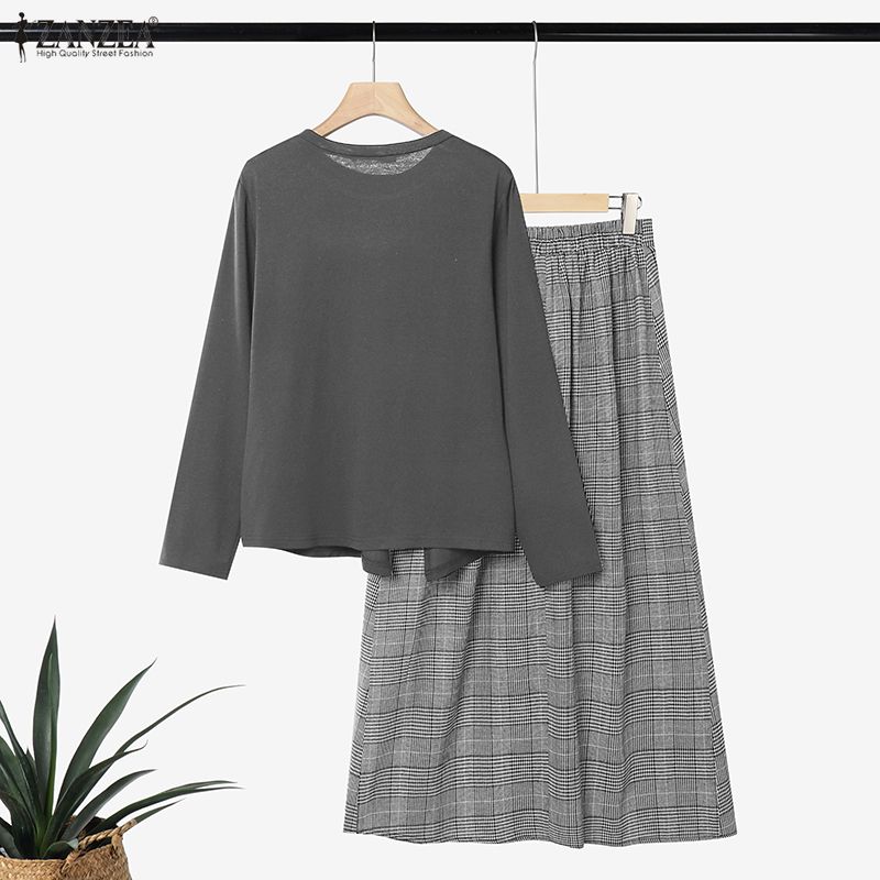 ZANZEA – tenue en patchwork à carreaux pour femmes, ensemble 2 pièces musulman, chemisier décontracté à col rond et manches longues, jupe longue trapèze, ensembles assortis