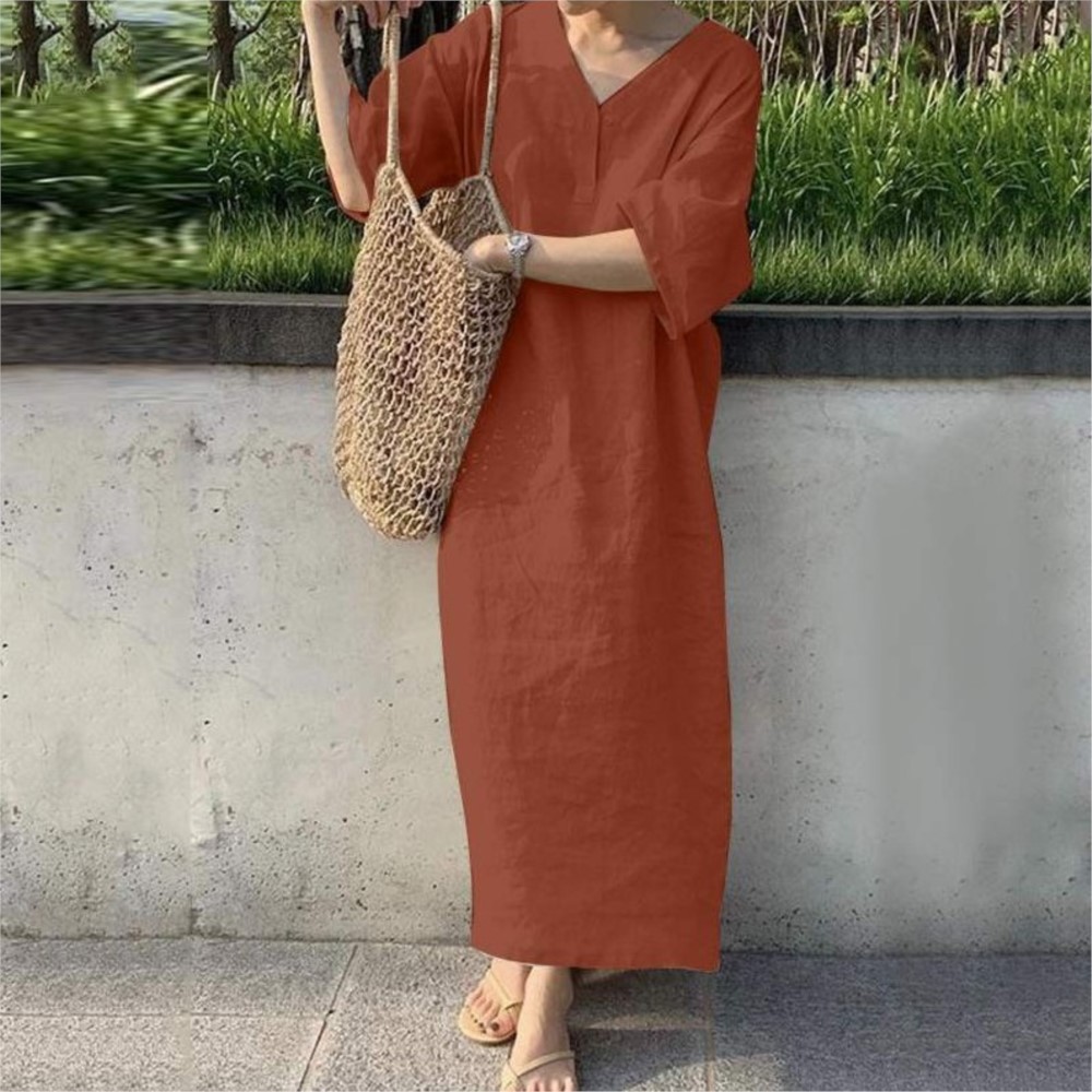 Robe longue en coton et lin pour femmes, manches courtes, col en v, couleur unie, décontractée, ample, vêtements élégants, été, 2024