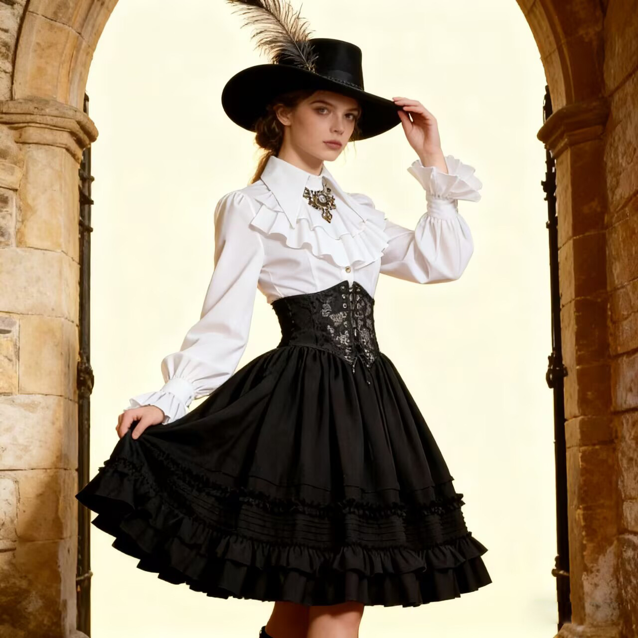 Jupe à superpositions steampunk médiévale pour femmes, jupe gothique Lolita, corset amincissant la taille, volants doux, chemise, robe victorienne d'Halloween