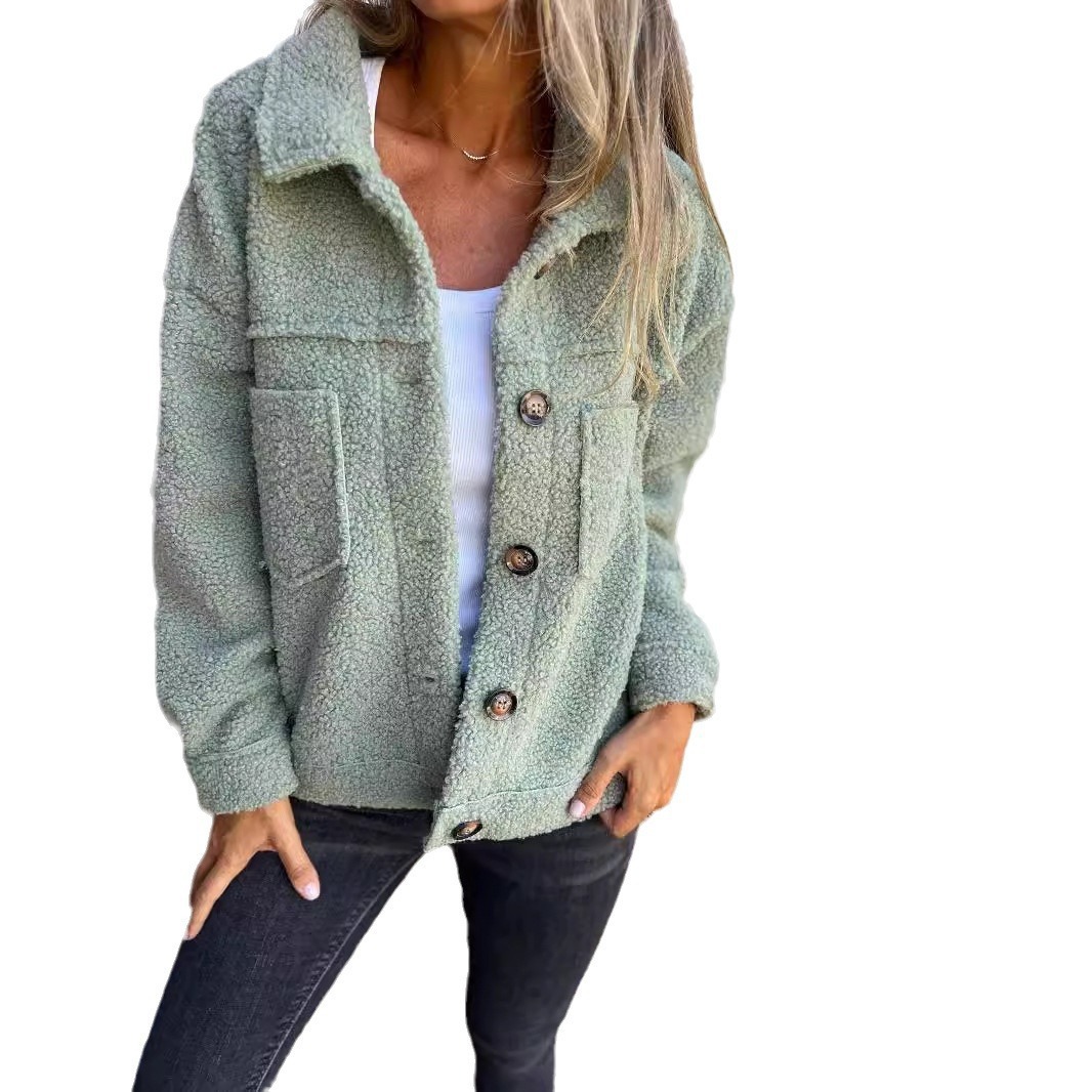 Manteau en laine d'agneau pour femme, vêtement d'extérieur chaud, veste courte, simple boutonnage, col rabattu, poches, pardessus de bureau, automne hiver