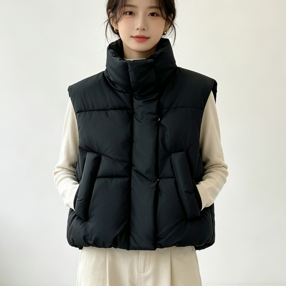 Gilet chauffant de mode coréenne pour femmes, automne-hiver, col montant, avec poches, veste chaude et élégante, veste courte sans manches, style doudoune.