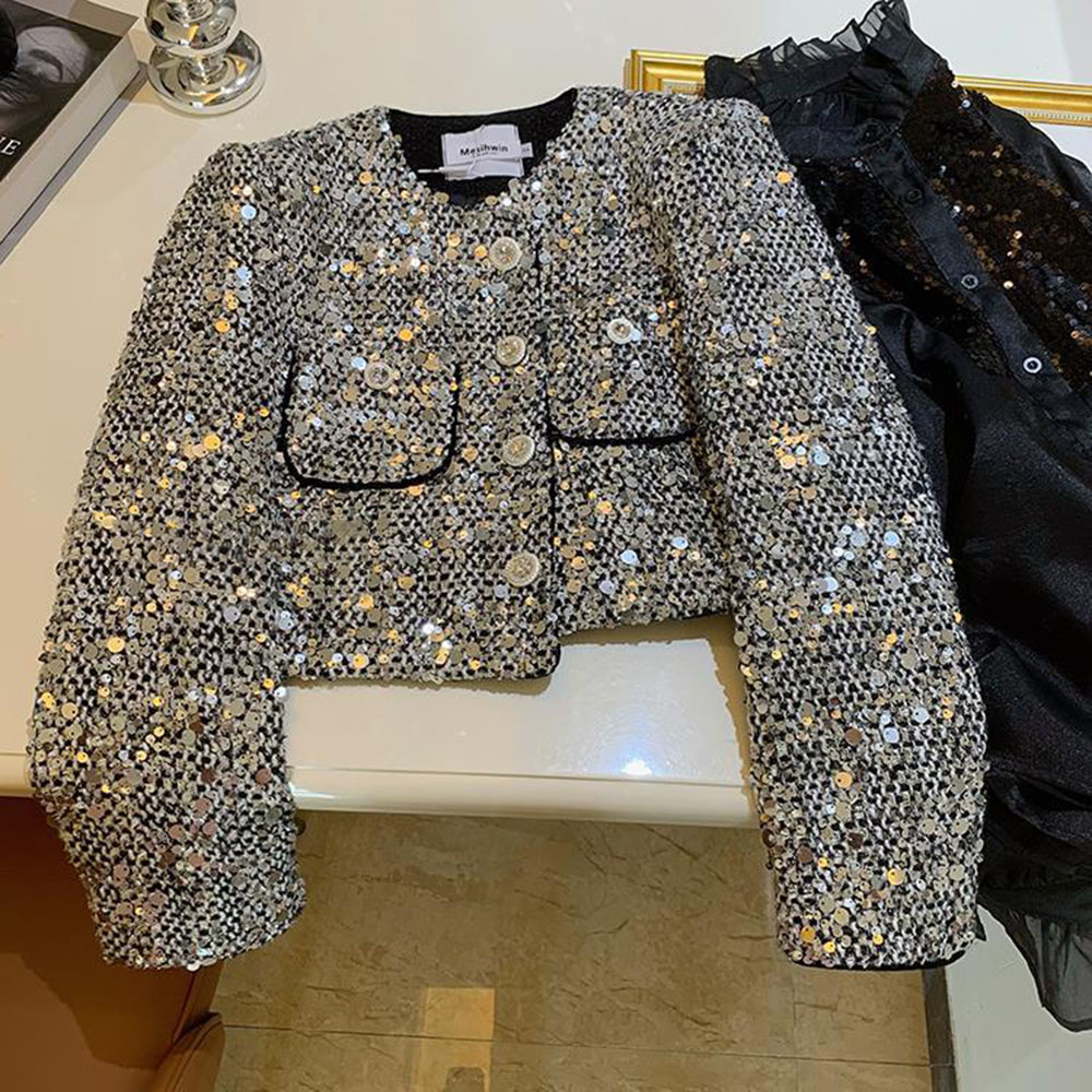 Veste à paillettes vintage pour femmes, vestes courtes argentées, manteau élégant pour dames de bureau, mode coréenne, printemps, chic, 2024