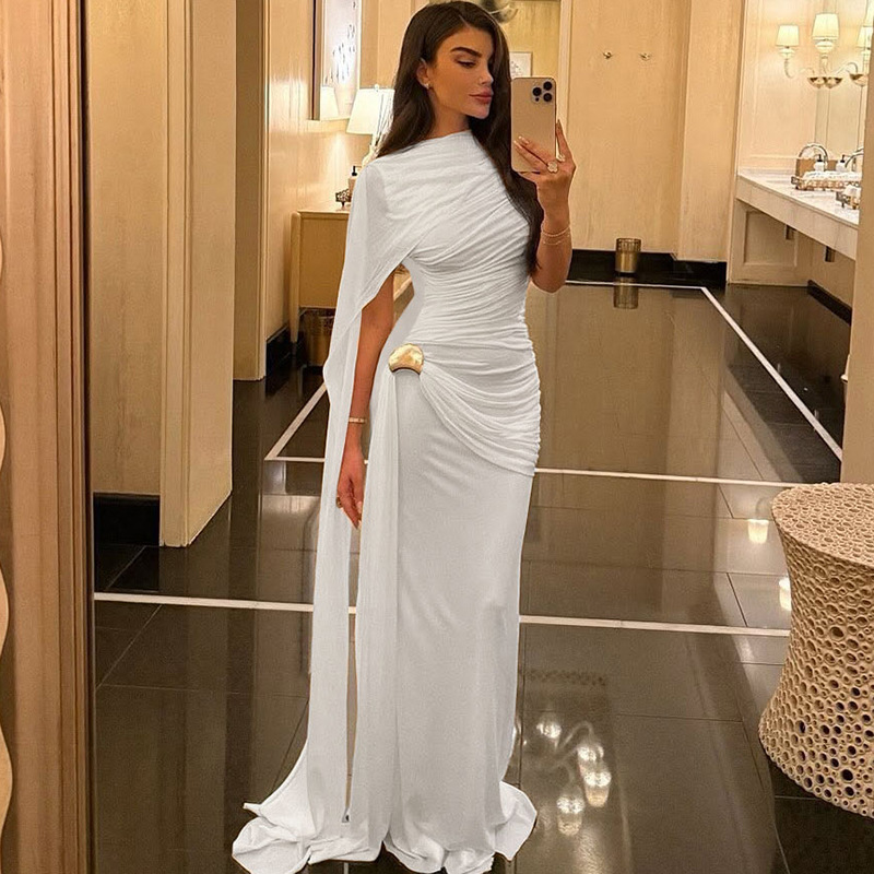 Robe de soirée élégante froncée pour femme, sans manches, moulante, col rond, longue, avec ruban, Nouvelle collection 2026, pour vacances, fêtes et clubs
