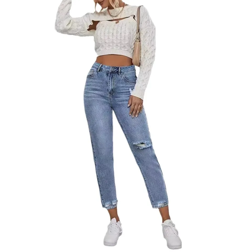 Jean décontracté déchiré et délavé pour femme – Nouvelle collection printemps-été – Coupe droite longueur cheville