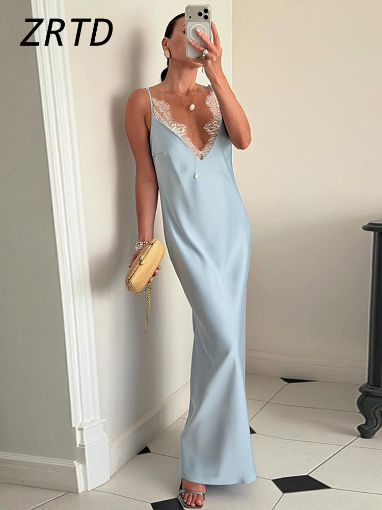 Robe longue d'été élégante pour femme en dentelle et satin, col en V ample, sans manches, dos nu, style chic pour la plage et les soirées 2026