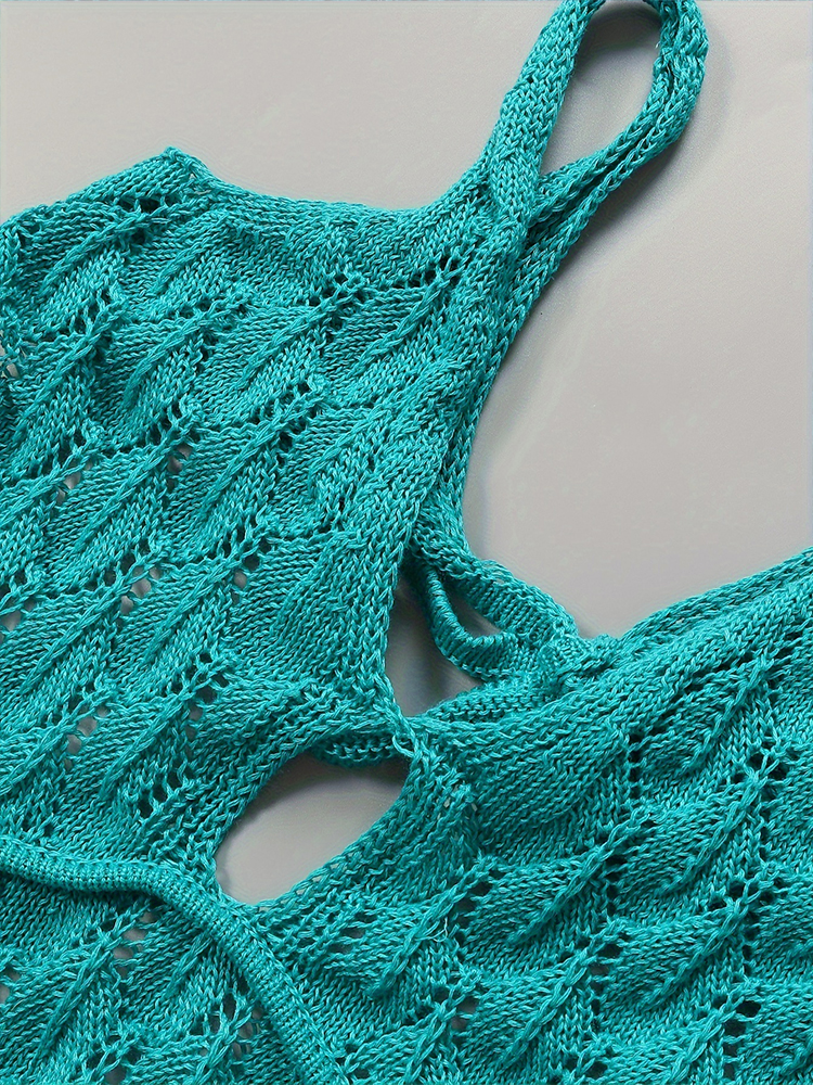 Robe de plage d'été, couleur unie, ajourée, tricotée, col licou, sans manches, avec cravate à pampilles