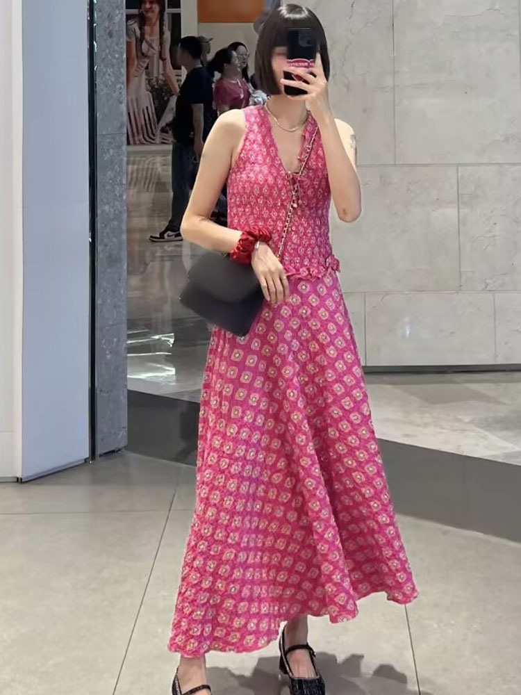 HH – ensemble jupe imprimée pour femmes, Chic, sans manches, col en v, décoration à lacets, haut + taille haute, fermeture éclair, jupe Midi plissée