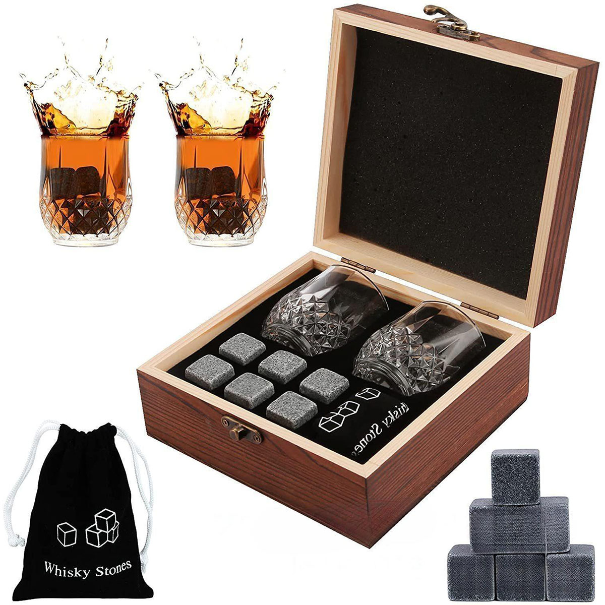 Ensemble de verres à pierres à whisky, cadeau de noël, saint-valentin, glaçon en granit pour whisky dans une boîte de bouteille en bois, cadeau pour papa et mari