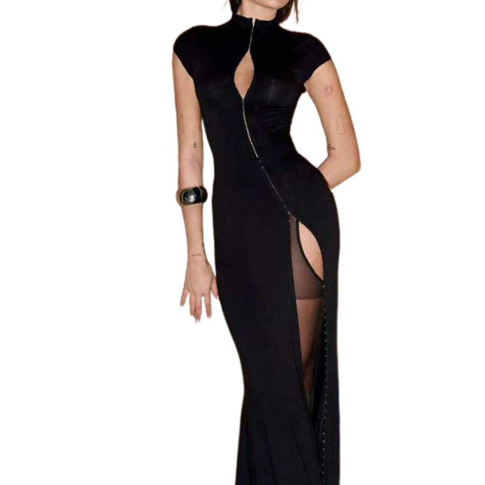 Robe longue noire à fente haute, col semi-montant, fermeture éclair, coupe ajustée, style jupe longue, sexy, pour soirée en boîte de nuit, pour femme, streetwear