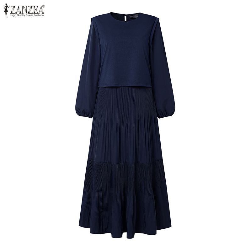 Robe longue ZANZEA pour femmes musulmanes, mode modeste, hijab, col rond, manches lanternes, plissée, abaya, robes islamiques élégantes, Ramadan, Eid, kaftan