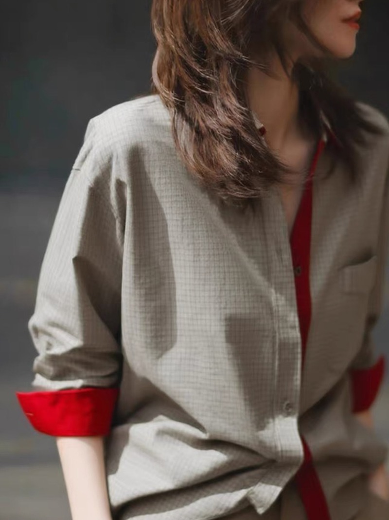 Chemisiers Vintage à carreaux pour femmes, chemises décontractées, mode ample, vêtements d'été de Style français, manches longues, gris, hauts pour femmes
