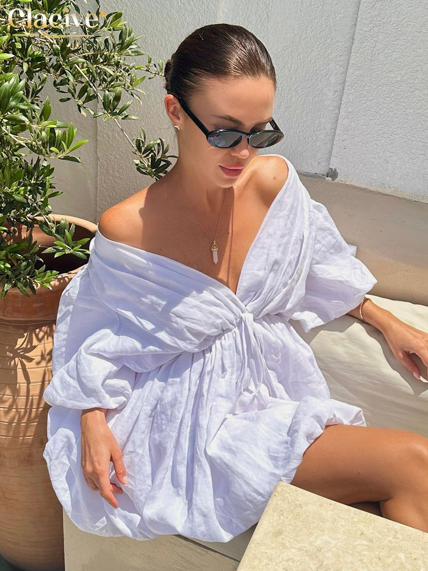 ClacMarkets-Mini robe décontractée en coton blanc pour femme, col en V, manches courtes, élégante, classique, taille haute, été