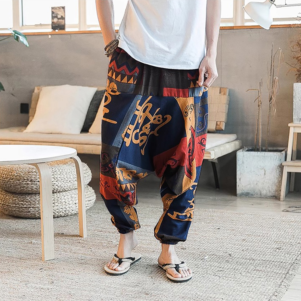 Pantalon sarouel Vintage élégant pour hommes, Design à entrejambe tombant, pantalon décontracté, respirant, coupe ample, style Boho, jogging imprimé aléatoire