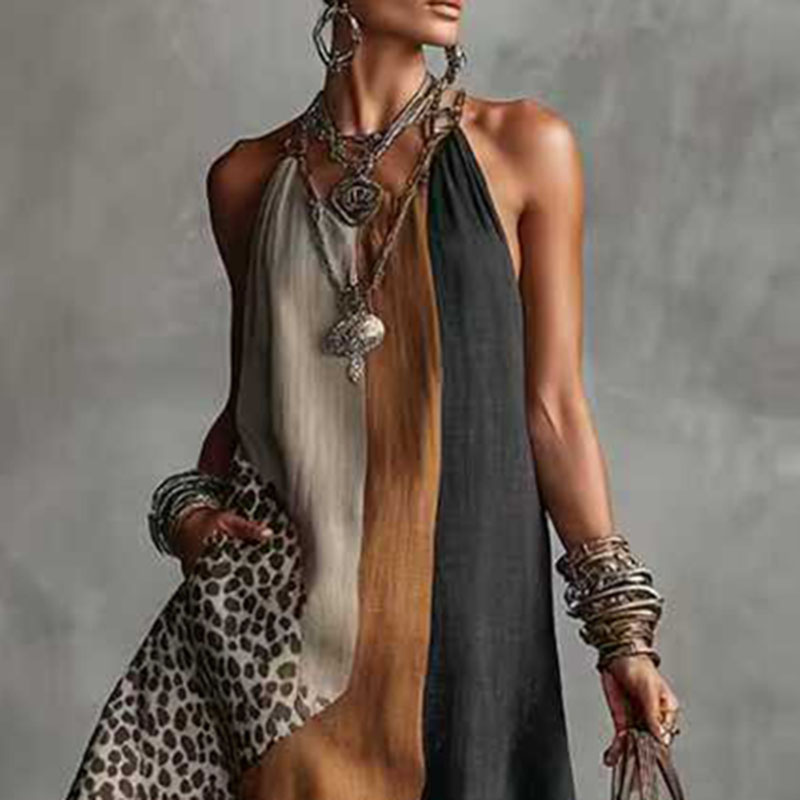Robes de soirée élégantes pour femmes à imprimé animalier patchwork, collection Printemps 2026, robe longue à col halter et ourlet fendu, robe maxi sans manches pour les vacances d'été