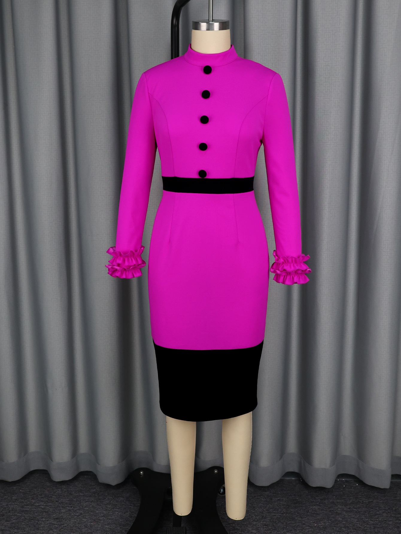 Robes d'église élégantes pour femmes, col mi-haut, volants, boutons, bloc de couleurs, Midi, bureau, fête, manches longues, robes d'automne