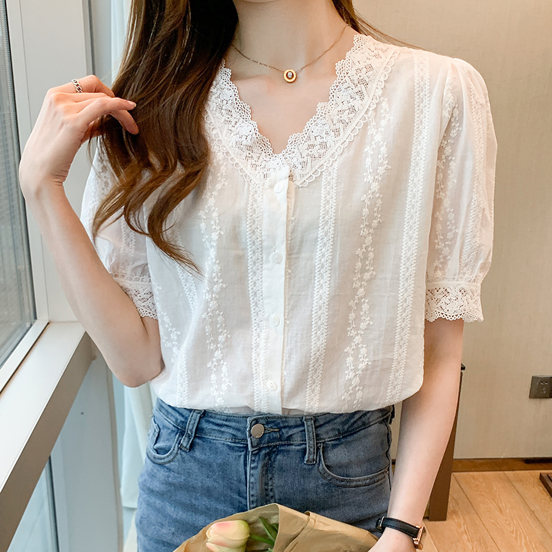 Été à manches courtes chemisier blanc chemise haut pour femme Blusas Mujer De Moda 2024 Verano dentelle col en v Blouse femmes Blouses Blusa F452