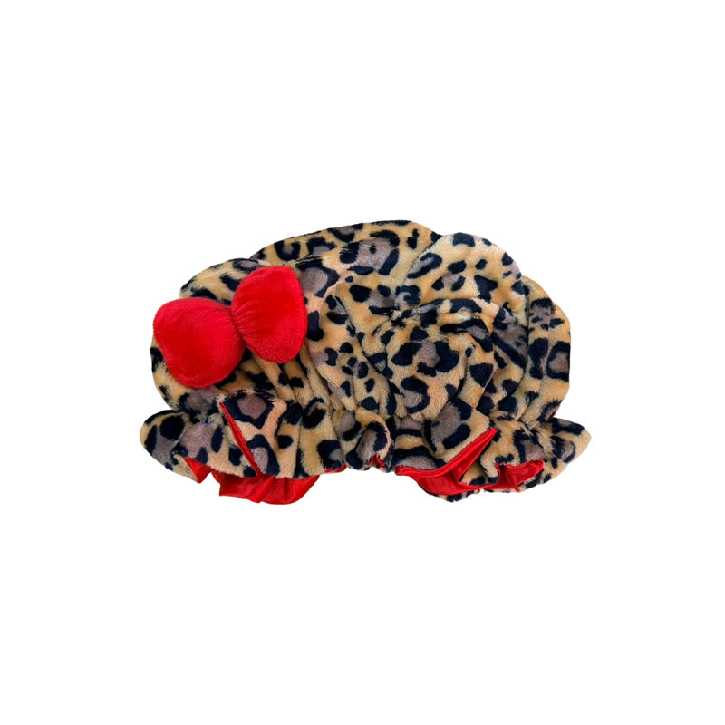 Bonnet de nuit en peluche douce à imprimé léopard, réglable, avec oreilles d'ours et grand nœud, accessoire pour femmes.