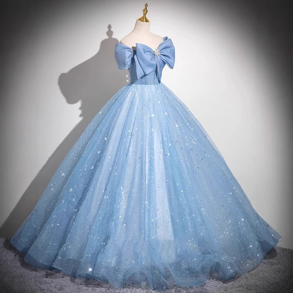 Robe de soirée élégante en Tulle bleu pour femmes, asymétrique épaule dénudée, robe de mariée élégante pour cérémonie de recital de Piano