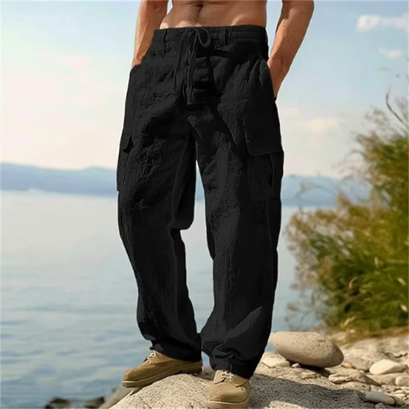 Pantalon décontracté pour homme, pantalon cargo ample et confortable, pantalon homme en coton et lin, pantalon droit multi-poches, pantalon fin de plage pour homme