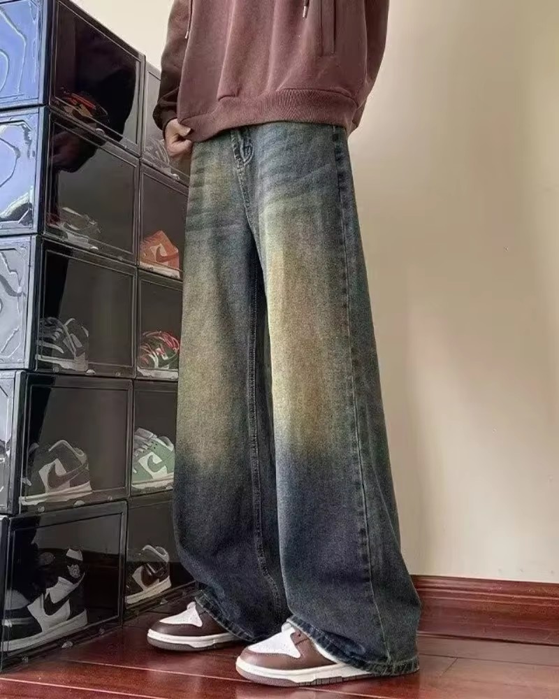 Nouveau Jean Bent Knife pour Homme, Style Rétro Américain, Délavé et Vieilli, Coupe Large, Jambe Droite Ample, Quatre Saisons, Feelin Street