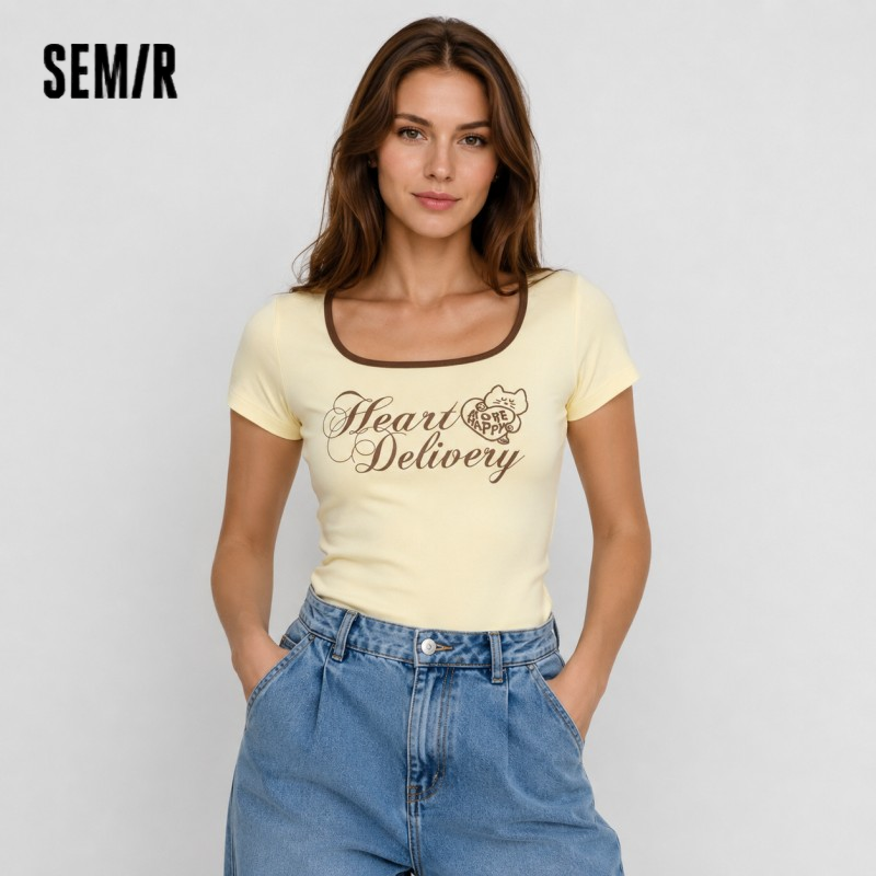 T-shirt Femme Color Block Col Carré Court Décontracté Tendance Été 2026 Chic Confort Quotidien