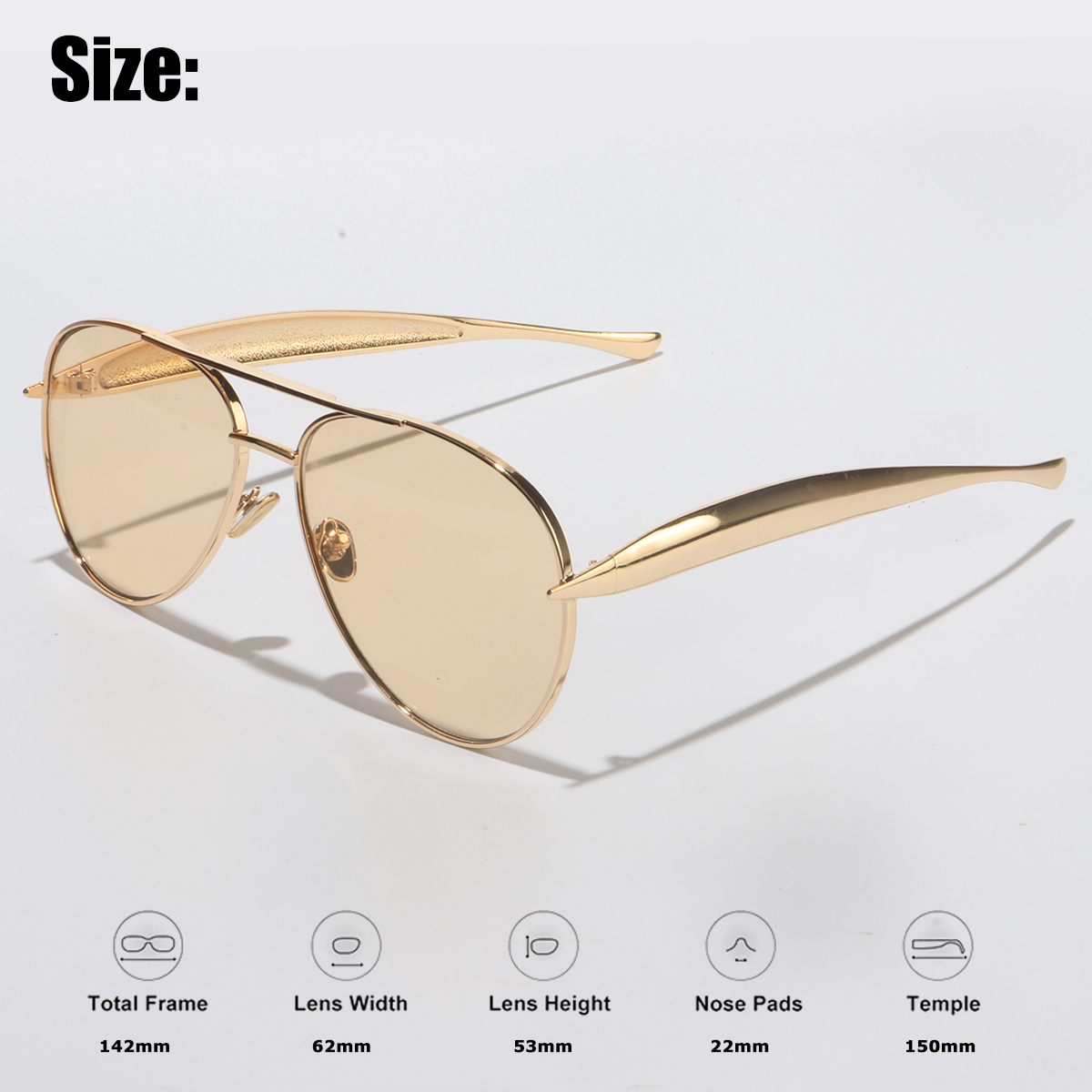 Lunettes d'aviateur surdimensionnées pour femmes – Monture dorée vintage avec verres champagne, bras émerillons dorés sexy, style rétro chic