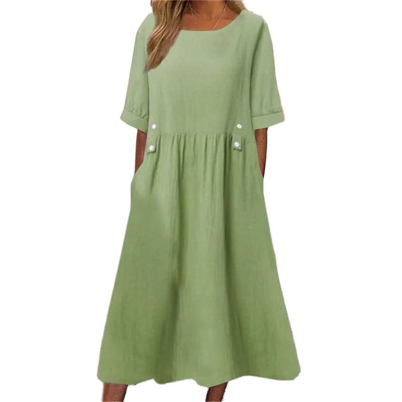 Robe Confortable en Coton et Lin pour Femme, Taille Haute, Décoration de lèvent, Décontractée, Couleur Unie, Demi Manches, Été 2024