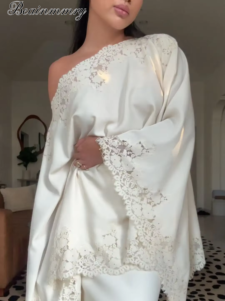 Ensemble chic chemise et jupe longue sirène taille haute en satin avec patchwork de dentelle pour femme – Tenue de soirée élégante printemps 2026