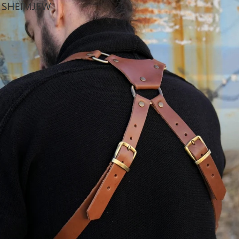 Mode Double bretelles multi-poches hommes en plein air antivol poitrine sac médiéval en cuir multi-fonction sac à bandoulière Walle
