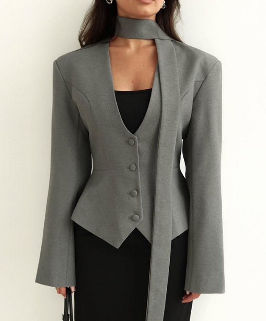 Veste femme 2025 printemps nouvelle mode couleur unie col en v écharpe décor tempérament élégant à manches longues jolie pochette