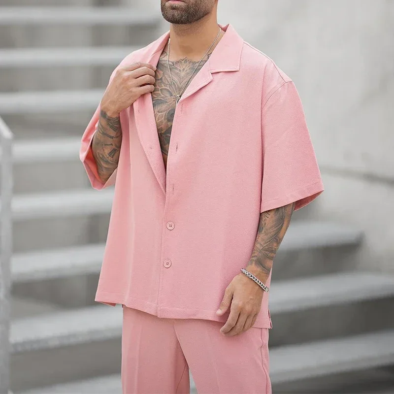 Ensemble Chemise et Pantalon à Revers pour Homme, Vêtements Décontractés, Couleur Unie, Manches Courtes, Costumes 2 Pièces, Tenues de Loisirs, Été